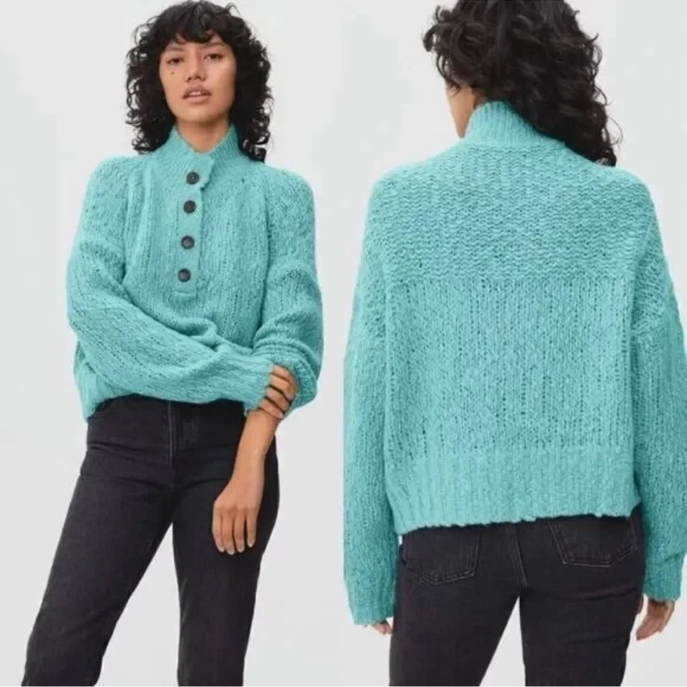 Everlane Lofty Knit Henley Alpaca Sweater in Seafoam Green, Size XS